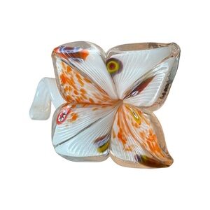Vintage Murano Style Hand Blown Glass Flower Curly Stem 4”x5.5” White Orange